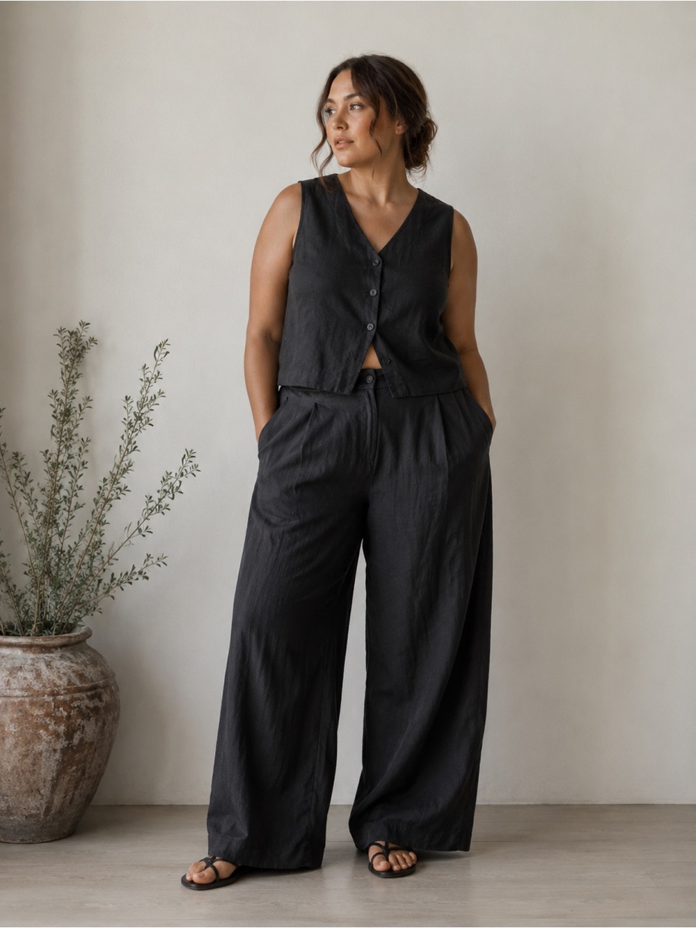 J.Crew 100% Linen Wide Leg Trousers Black 3X